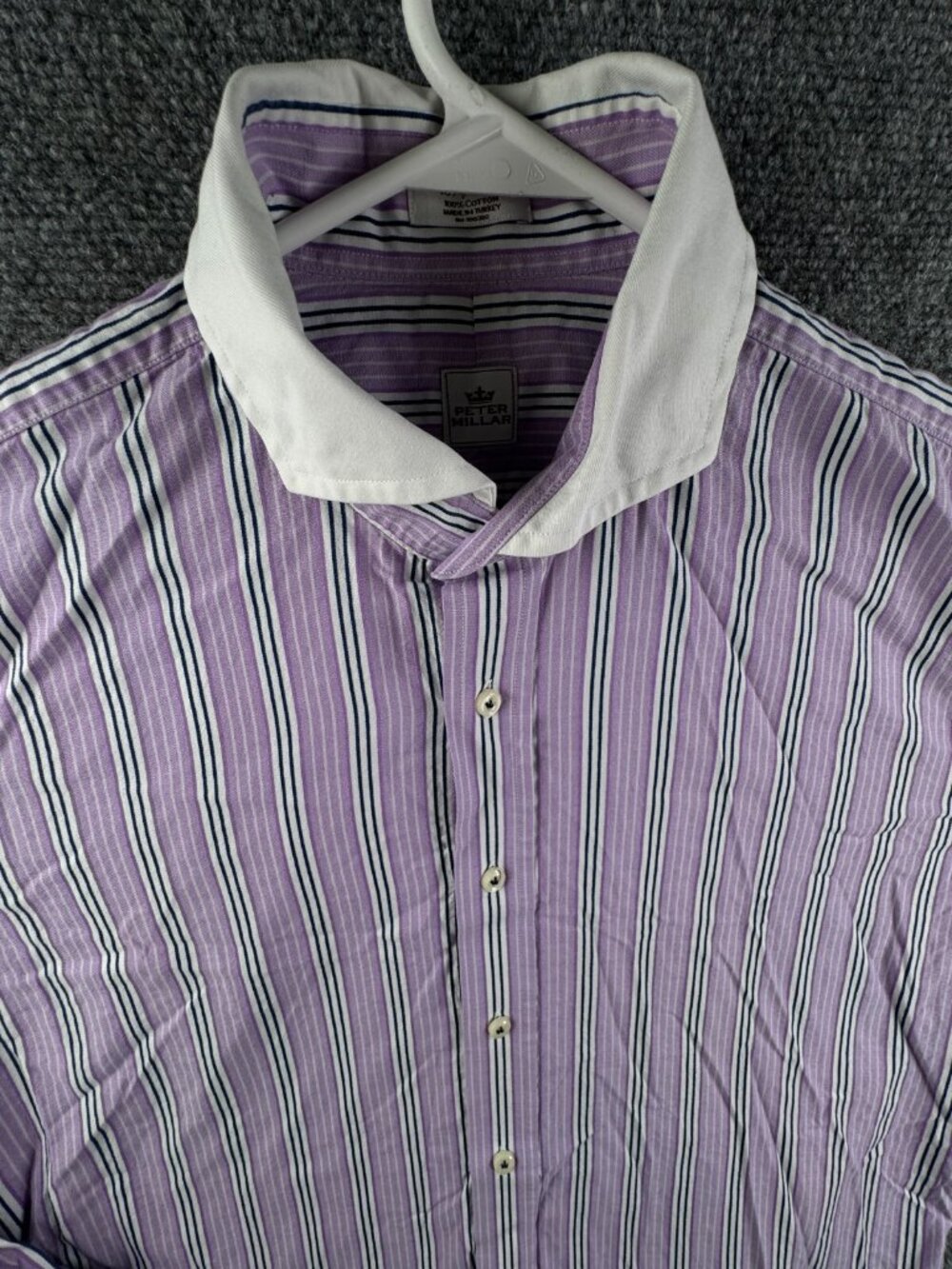 Peter Millar Long Sleeve Button Up Cotton Striped Purple Contrast Collar Size 16